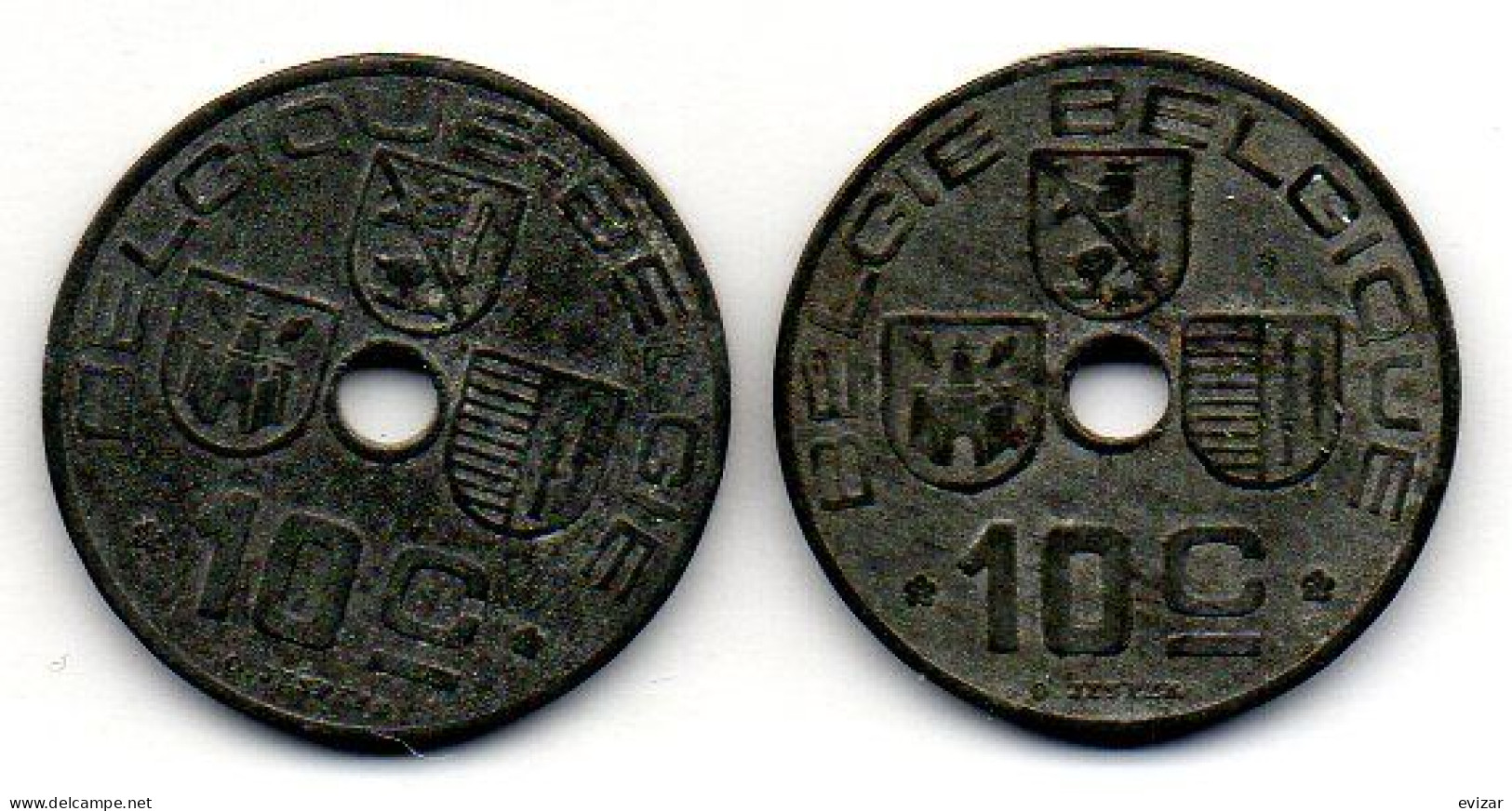 BELGIUM - GERMAN OCCUPATION WWII - Set Of Two Coins 10 Centimes, Zinc, Year 1942-44, KM #125, 126, French & Dutch Legend - 10 Cent