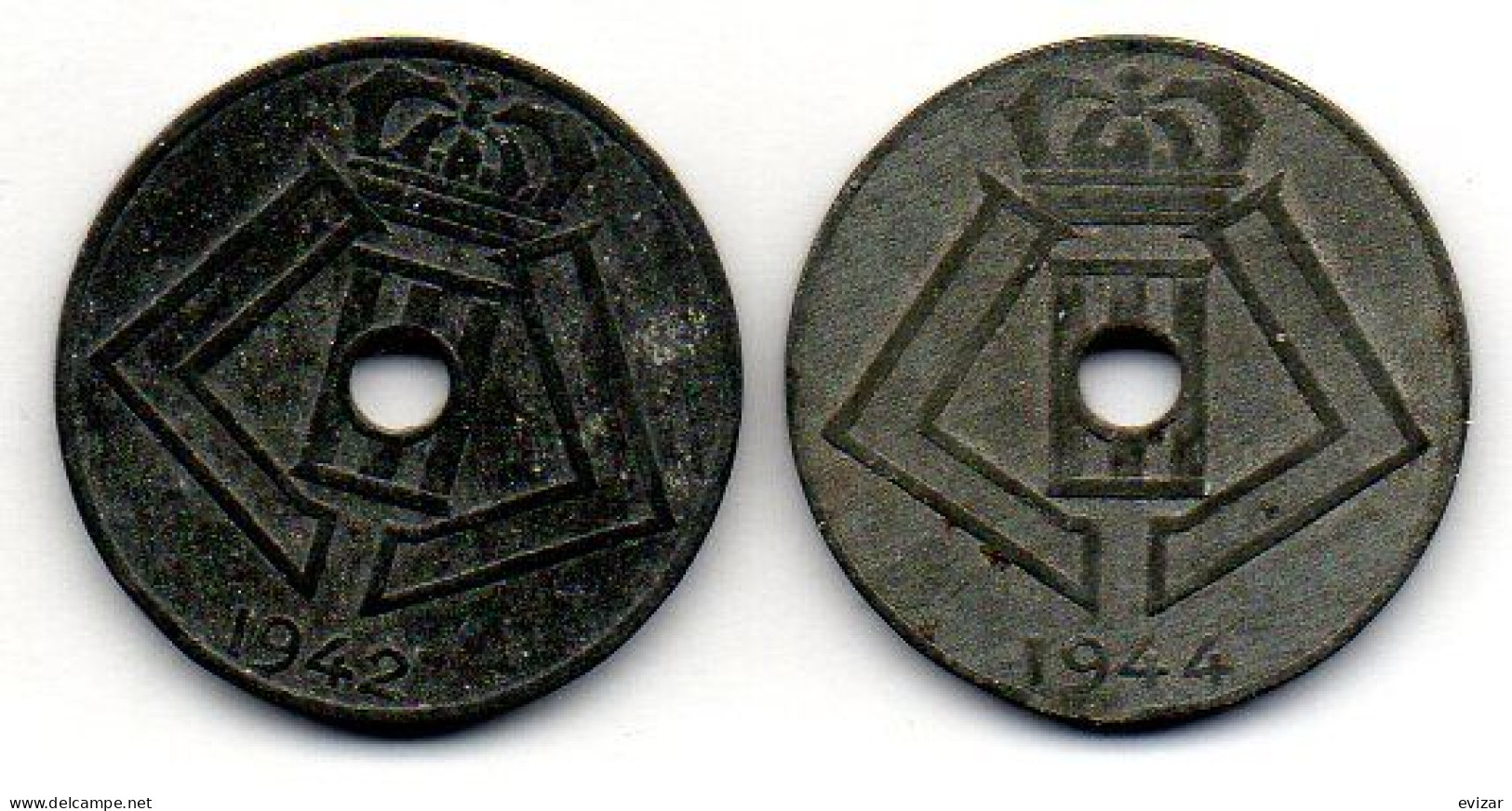 BELGIUM - GERMAN OCCUPATION WWII - Set Of Two Coins 10 Centimes, Zinc, Year 1942-44, KM #125, 126, French & Dutch Legend - 10 Centimos