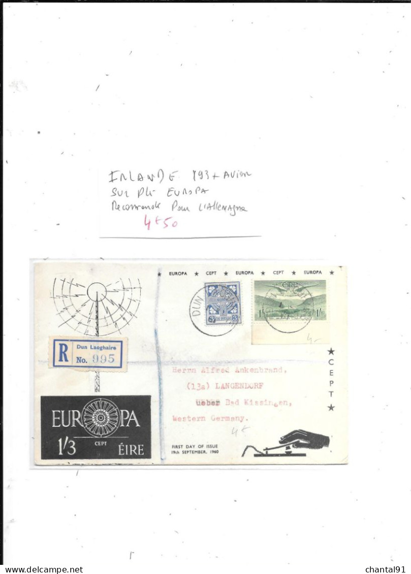 IRLANDE N° 193 OBL + AVION SUR PLI EUROPA - Airmail