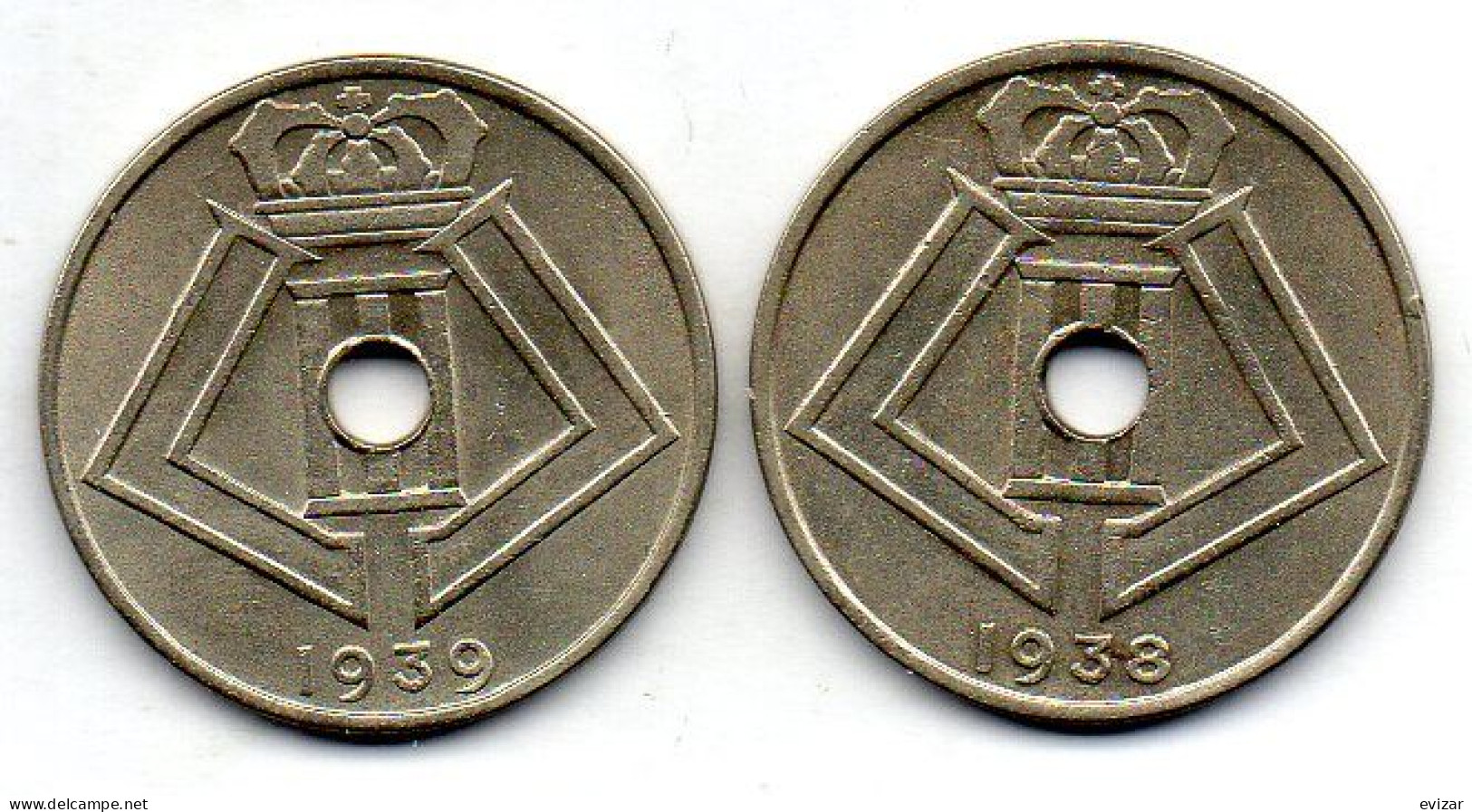 BELGIUM - Set Of Two Coins 25 Centimes, Nickel-Brass, Year 1938, 1939, KM # 114.1, 115.1, French & Dutch Legend - 25 Centimes