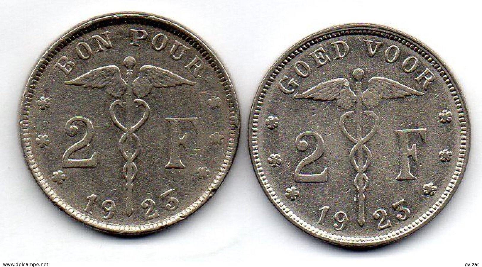 BELGIUM - Set Of Two Coins 2 Francs, Nickel, Year 1923, KM # 91.1, 92, French & Dutch Legend - 2 Francs