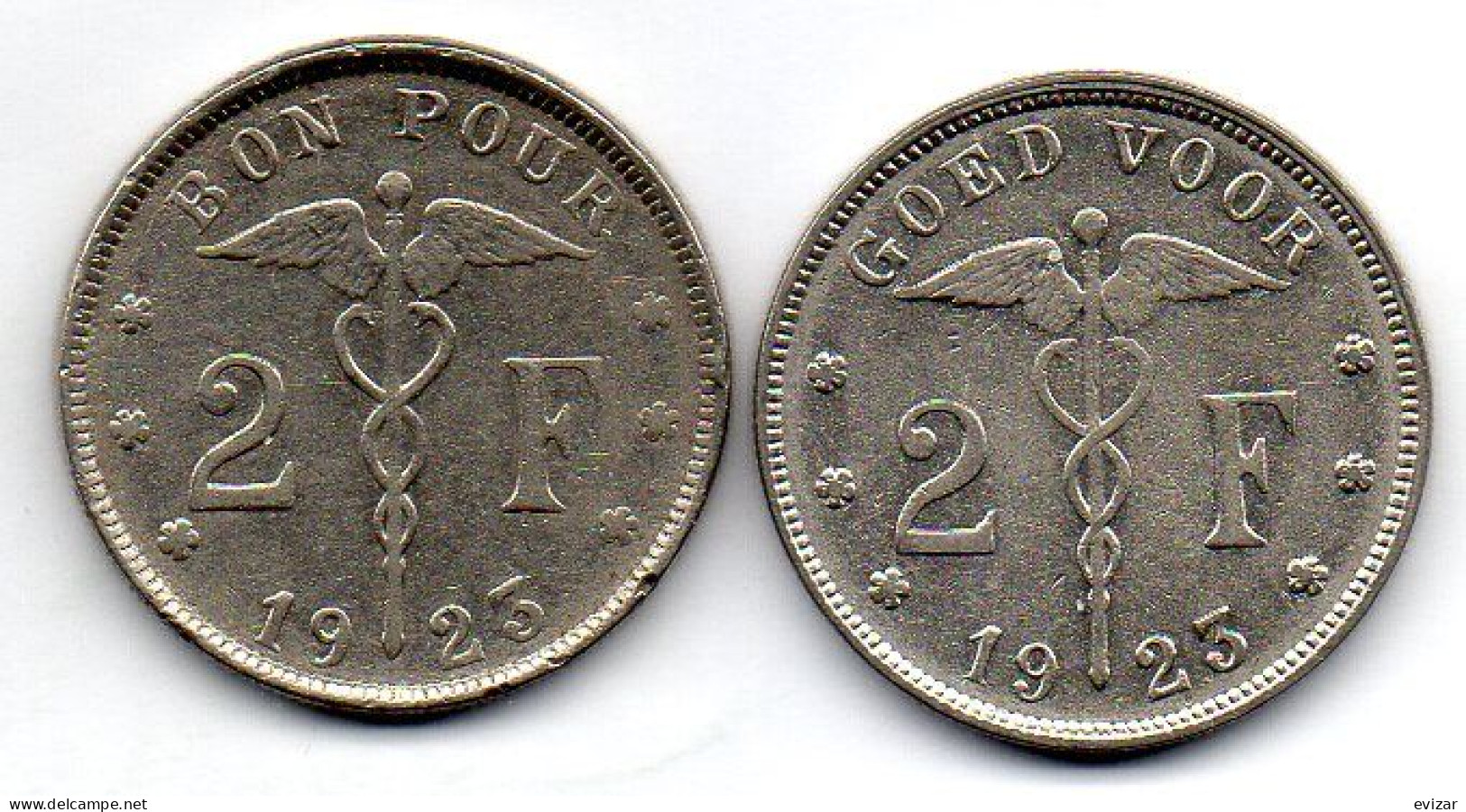 BELGIUM - Set Of Two Coins 2 Francs, Nickel, Year 1923, KM # 91.1, 92, French & Dutch Legend - 2 Frank