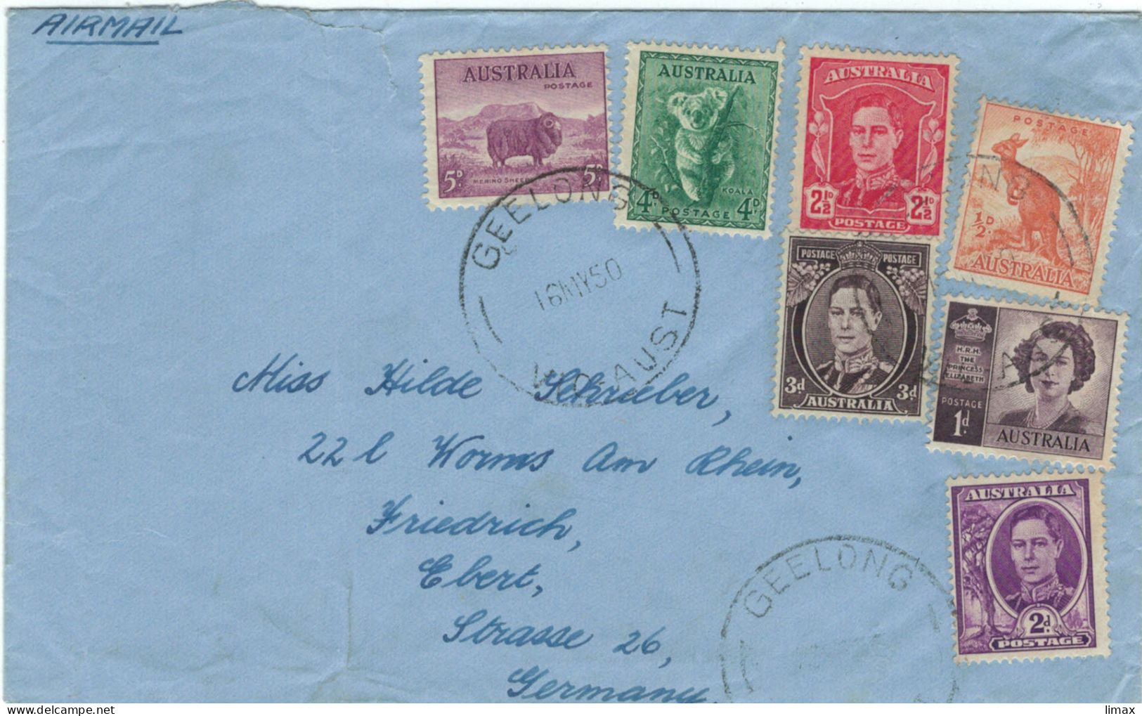 Victoria Geelong 1950 > Worms - Koala Känguru Merino-Schaf - Prinzessin Elisabeth - Lettres & Documents