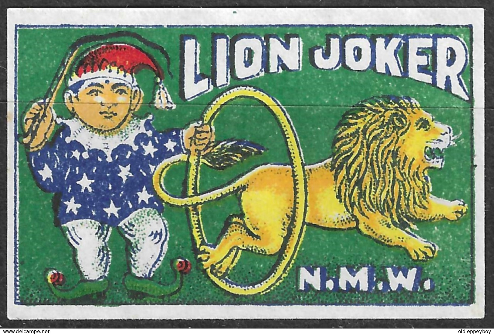 MADE IN INDIA MATCHBOX LABEL LION JOKER N.M.W  5 X 3.5 CM  JOKER WITH LION - CIRCUS - WILDLIFE- COMIC- - Zündholzschachteletiketten
