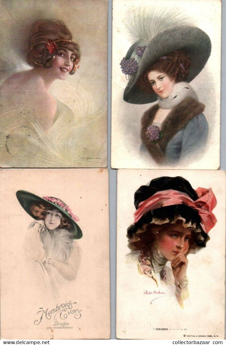 Woman Health Beauty Advertising X4 Artist Signed Postcards Schilbach Boileau Hat - Schilbach