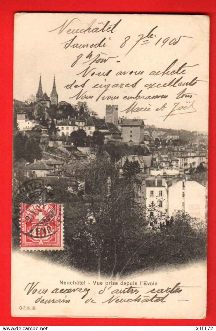 ZWW-15  Neuchâtel Vue Prise Depuis L'Evole Cachet Frontal 1905 Pour Dijon. Dos Simple. - Neuchâtel