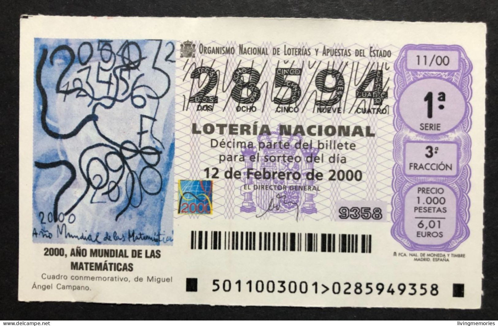 SUB 115 AM, 1 Lottery Ticket, Spain, 11/00, « MATHEMATICS », « 2000 Año Mundial De Las Matemáticas », 2000 - Billets De Loterie