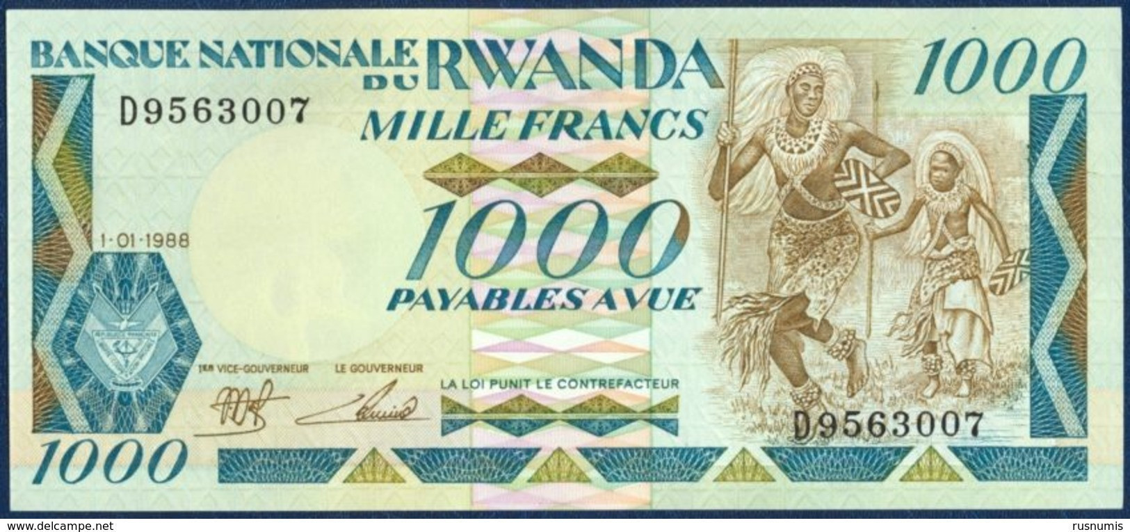 RWANDA 1000 FRANCS P-21a Dancers - Wildlife Gorilla With Baby, Lake 1988 UNC - Rwanda