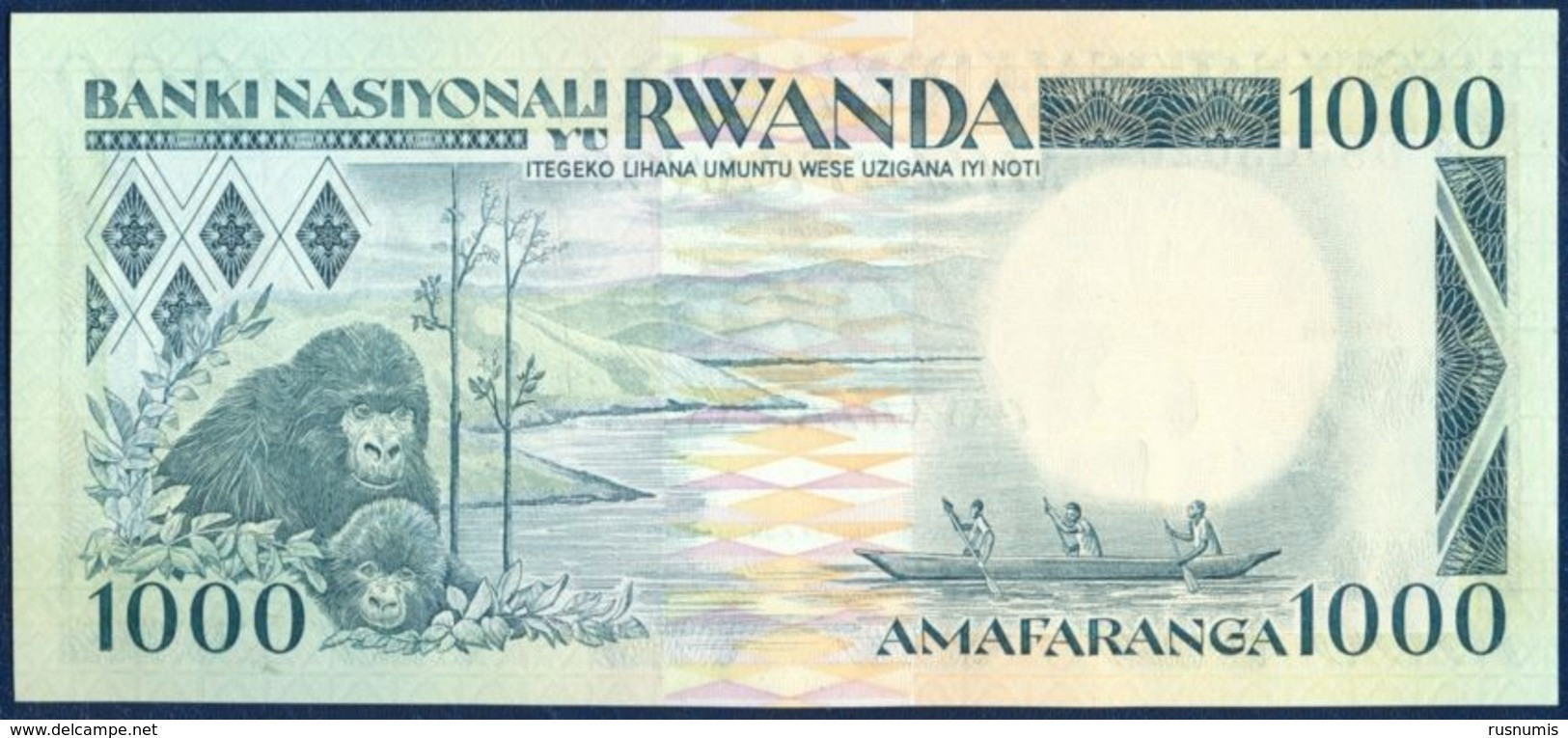 RWANDA 1000 FRANCS P-21a Dancers - Wildlife Gorilla With Baby, Lake 1988 UNC - Rwanda