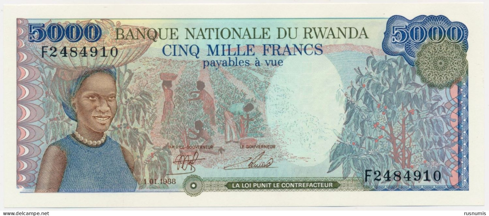 RWANDA 5000 FRANCS P-22 African Woman, Fieldwork - Kiwu Lake 1988 UNC - Ruanda