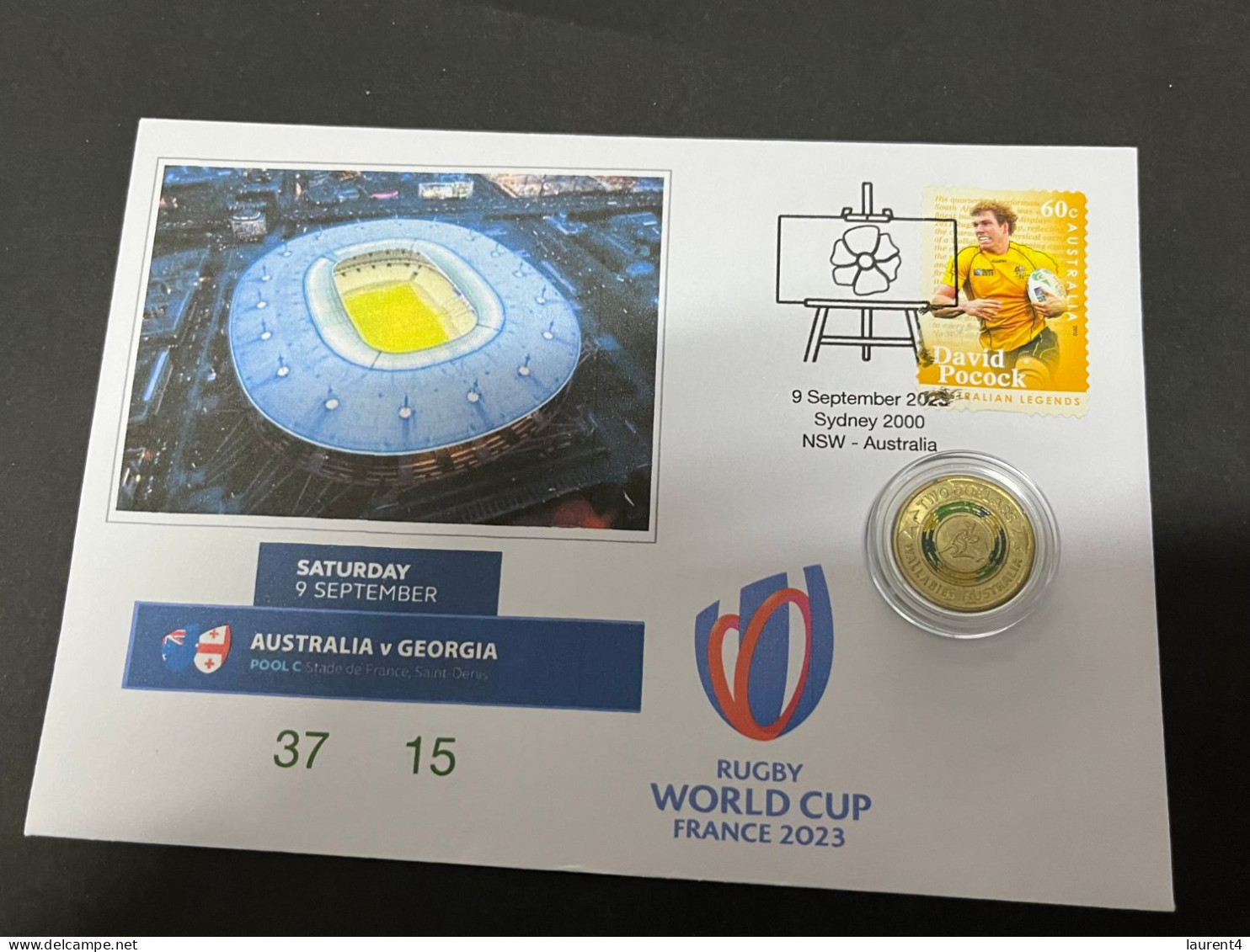 12-9-2023 (4 T 52) France 2023 Rugby World Cup - Australia (37) V Georgia  (15) 8-9-2023 (Paris) + Rugby Coin - 2 Dollars
