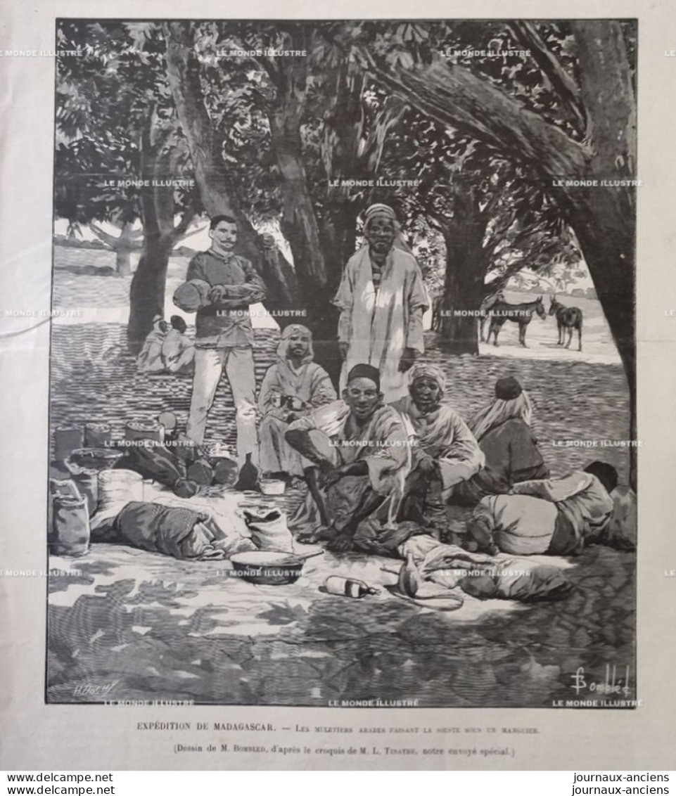 1895 EXPEDITION DE MADAGASCAR - LES MULETIERS ARABES - TÉLÉGRAPHE DE CAMPAGNE - RIVIÉRE DE MAROVAY - LE MONDE ILLUSTRÉ - 1850 - 1899