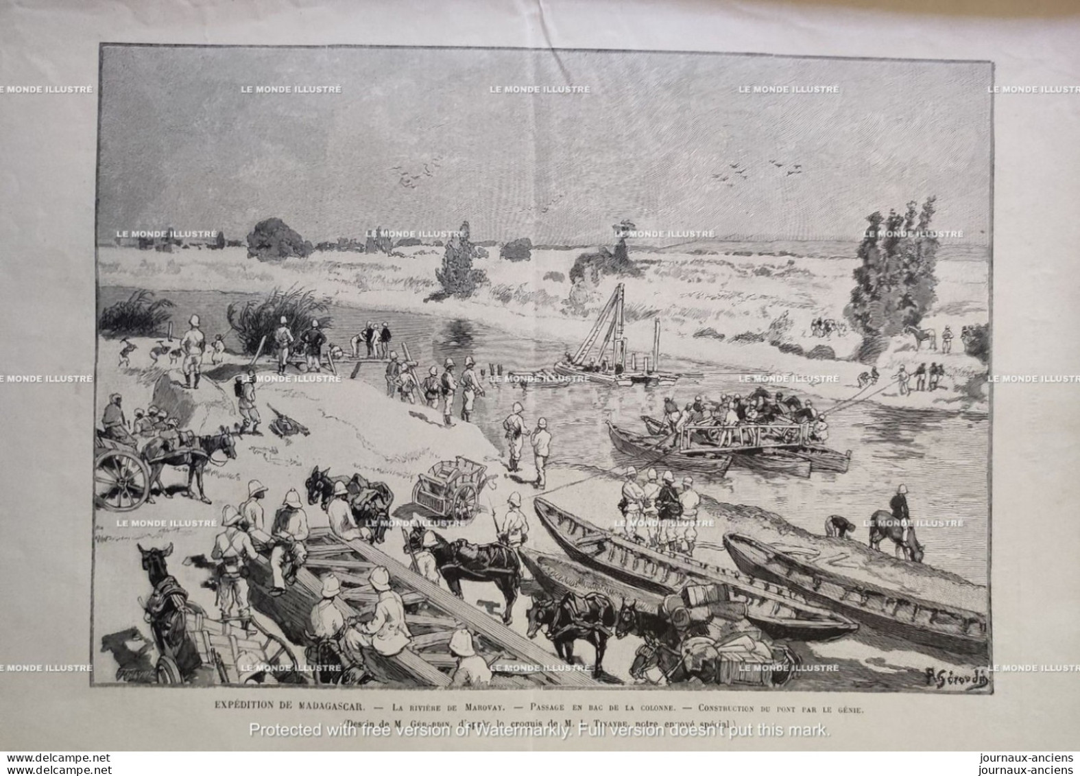 1895 EXPEDITION DE MADAGASCAR - LES MULETIERS ARABES - TÉLÉGRAPHE DE CAMPAGNE - RIVIÉRE DE MAROVAY - LE MONDE ILLUSTRÉ - 1850 - 1899