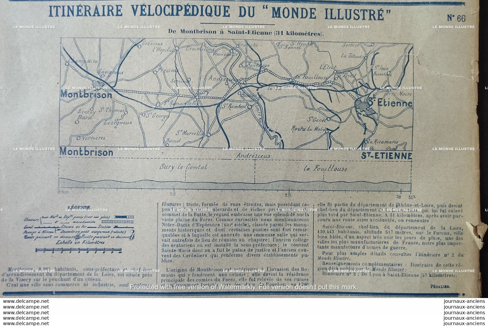 1895 ITINÉRAIRE VÉLOCIPÉDIQUE DU MONDE ILLUSTRÉ DE MONTBRISON à SAINT ETIENNE - 1850 - 1899