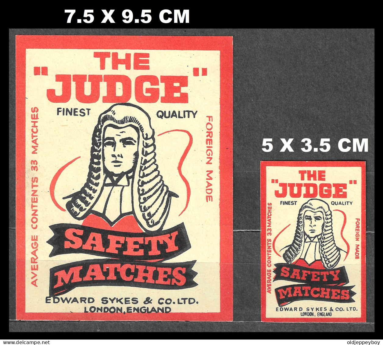 ENGLAND  MATCHBOX LABEL "THE JUDGE" EDWARD SYKES & CO.LTD LONDON SET OF 2 DIF SIZES SEE SCAN FOR SIZES  LARGE RARE - Matchbox Labels