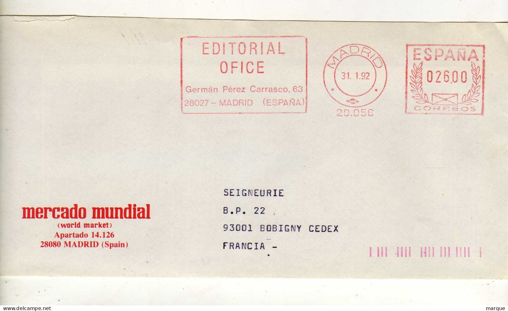 Enveloppe ESPAGNE ESPANA Oblitération E.M.A. MADRID 31/01/1992 - Maschinenstempel (EMA)