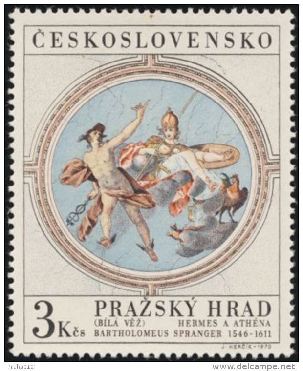 Czechoslovakia / Stamps (1970) 1832: Prague Castle - White Tower; Bartholomeus Spranger (1546-1611) Hermes & Athena - Mythology