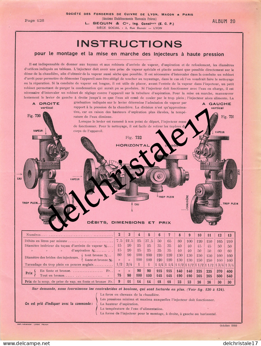 69 0572 LYON RHÔNE 19.. Sté Des Fonderies De Cuivre L. SEGUIN  & Cie Instructions Mise En Marche Injecteurs Hte Pression - Maschinen
