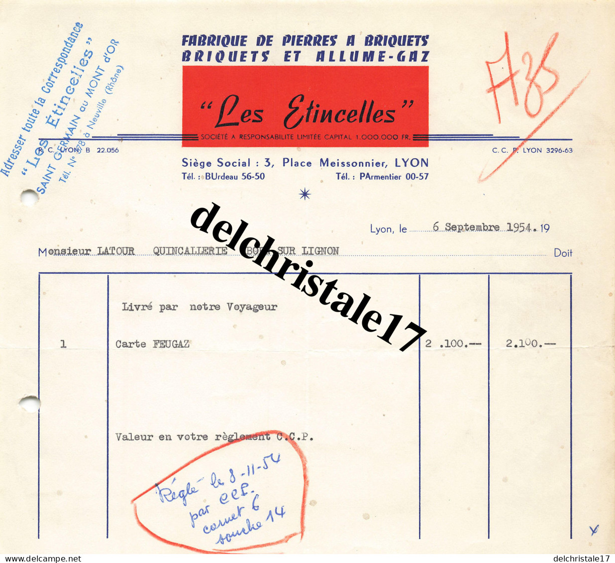 69 0188 LYON RHÔNE 1954 Fabrication De Pierres à Briquets Allume-Gaz "LES ÉTINCELLES" Place Meissonnier à M. LATOUR - Dokumente