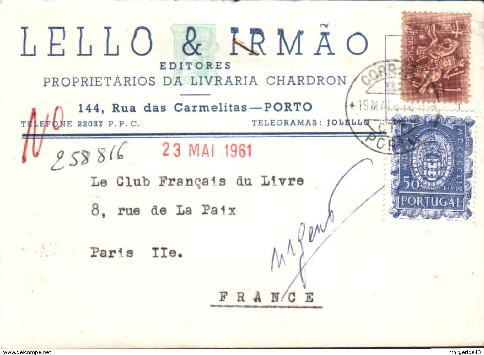 PORTUGAL AFFRANCHISSEMENT COMPOSE SUR CARTE POUR LA FRANCE 1961 - Storia Postale