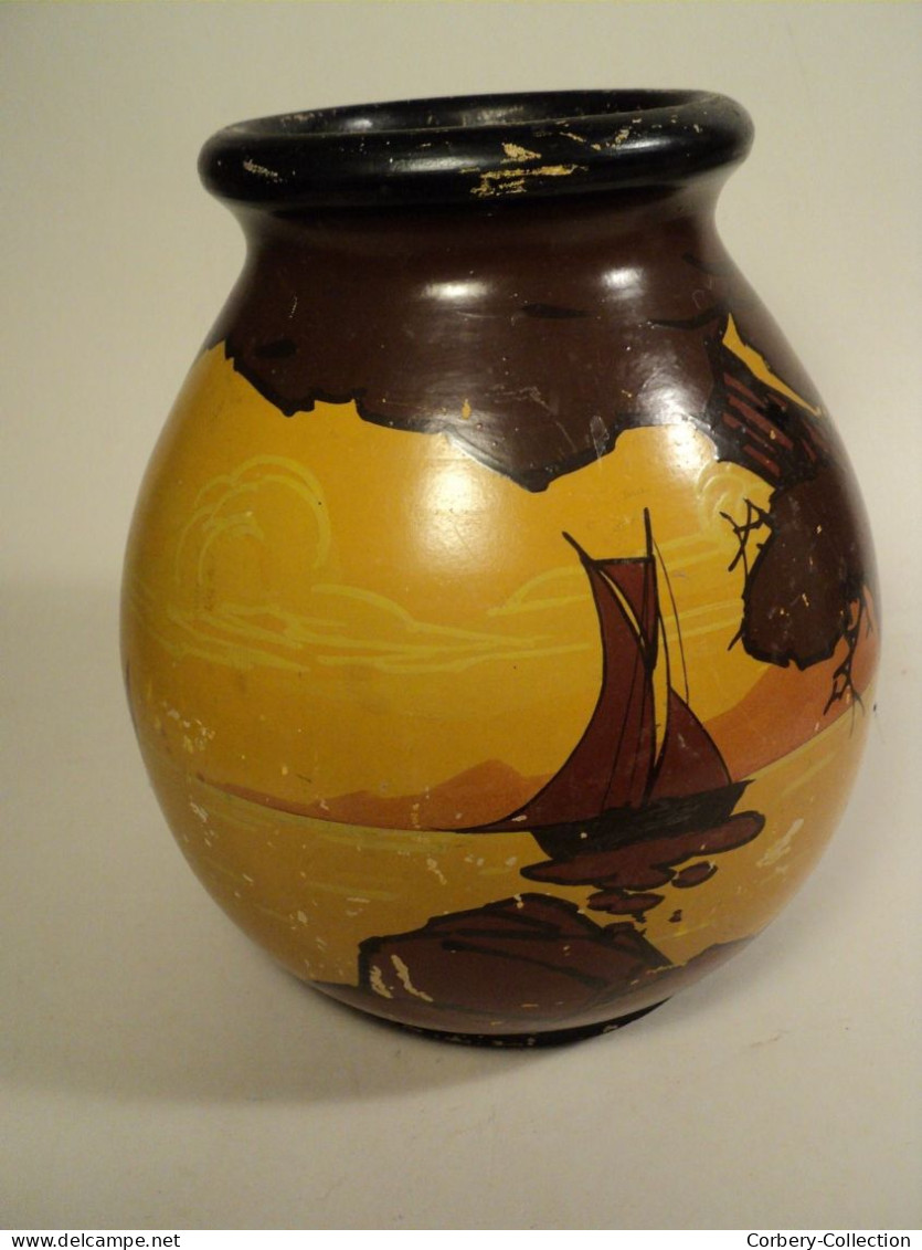 Vase Décor Méditerranéen Bateaux Céramique Terre Cuite Louis Giraud Vallauris