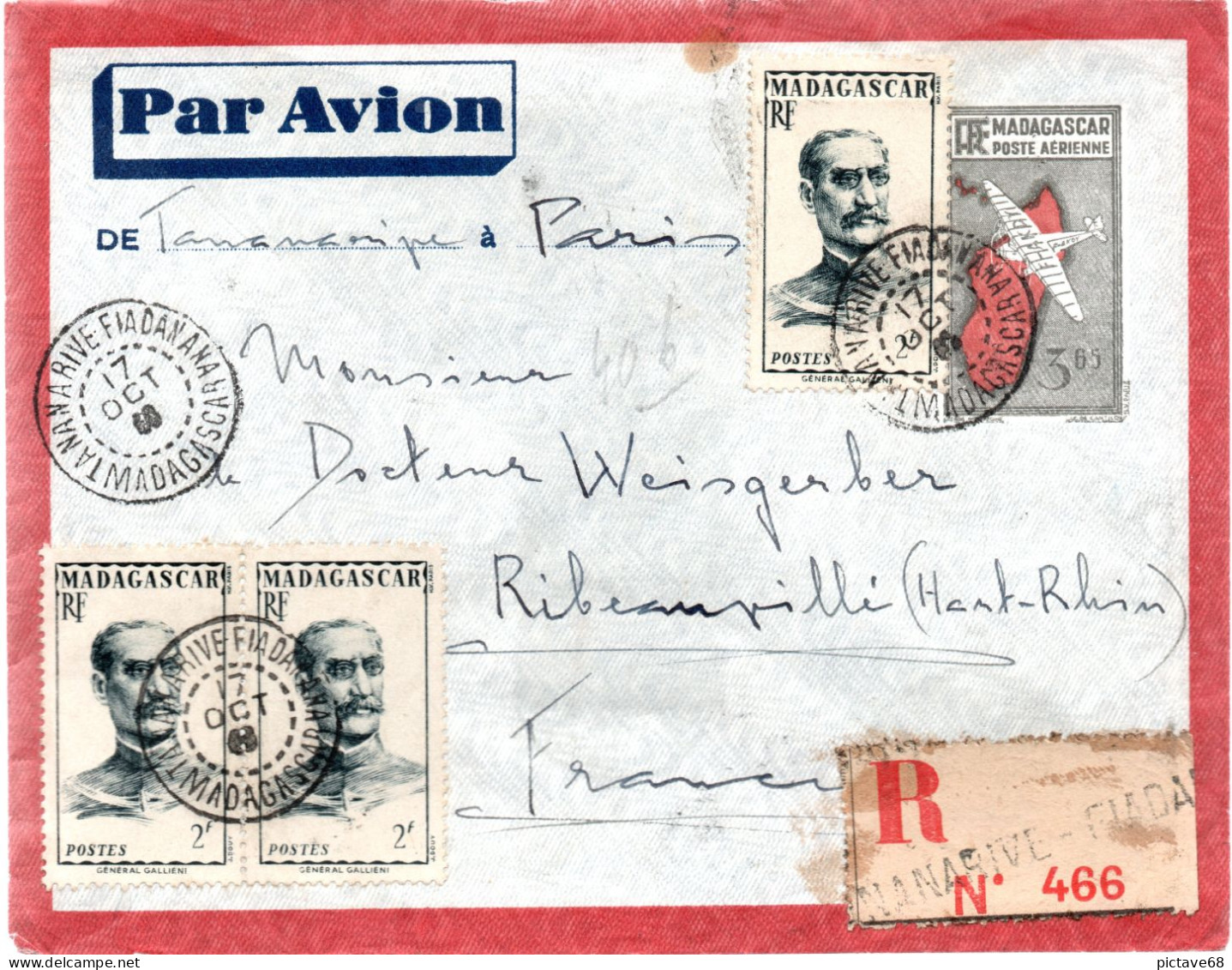 MADAGASCAR / ENVELOPPE ENTIER POSTAL RECOMMANDEE DE TANANARIVE-FIADAN DE 1946 - Briefe U. Dokumente