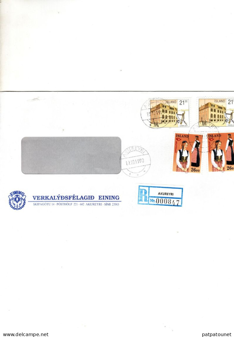 Islande Lettre Recommandée 1990 4 Timbres Dont 2 Europa - Covers & Documents