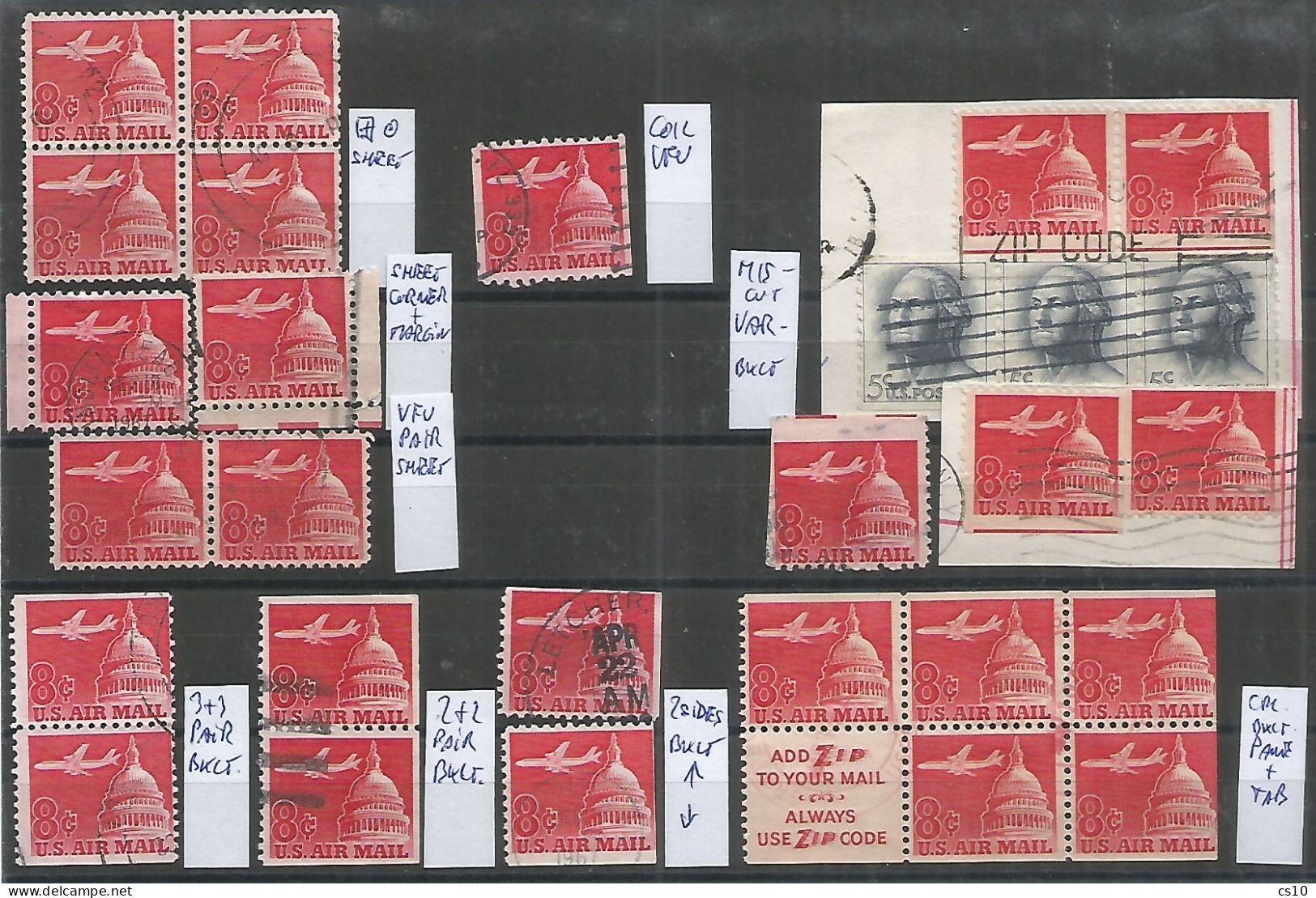 USA Airmail 1962 Jet & Capitol Dome SC# C64+65 Cpl Issue BL4 Sheet Coil Booklet Pane Pairs & Singles + Small Variety - Rollenmarken