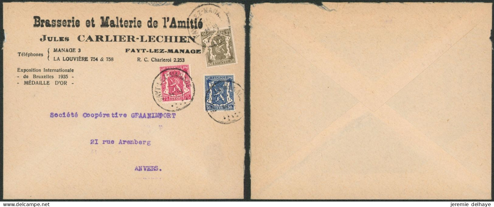 Brasserie / Brouwerij - Affranch. Tricolore Sur L. à En-tête "Jules CARLIER-LECHIEN" (Fayt-lez-Manage) > Anvers - 1946 -10%