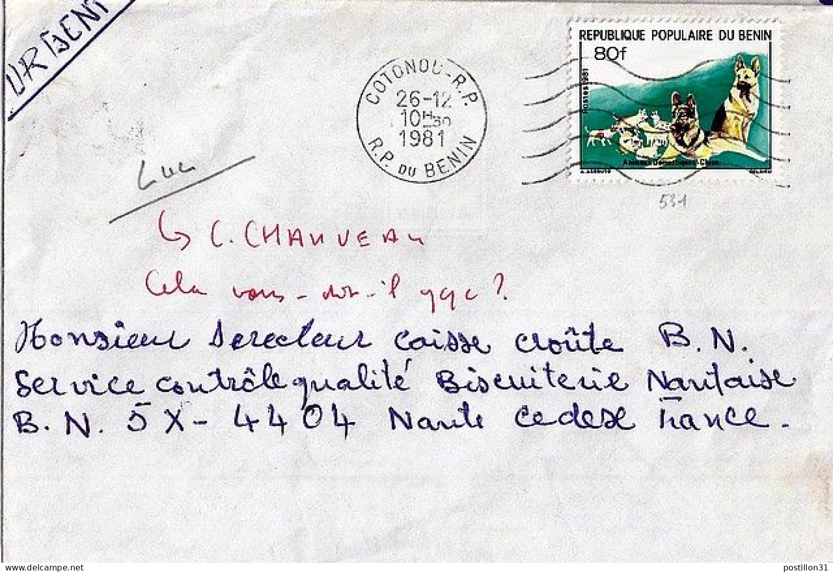 BENIN N° 531 S/L. DE COTONOU/26.12.81 POUR LA FRANCE - Lettres & Documents