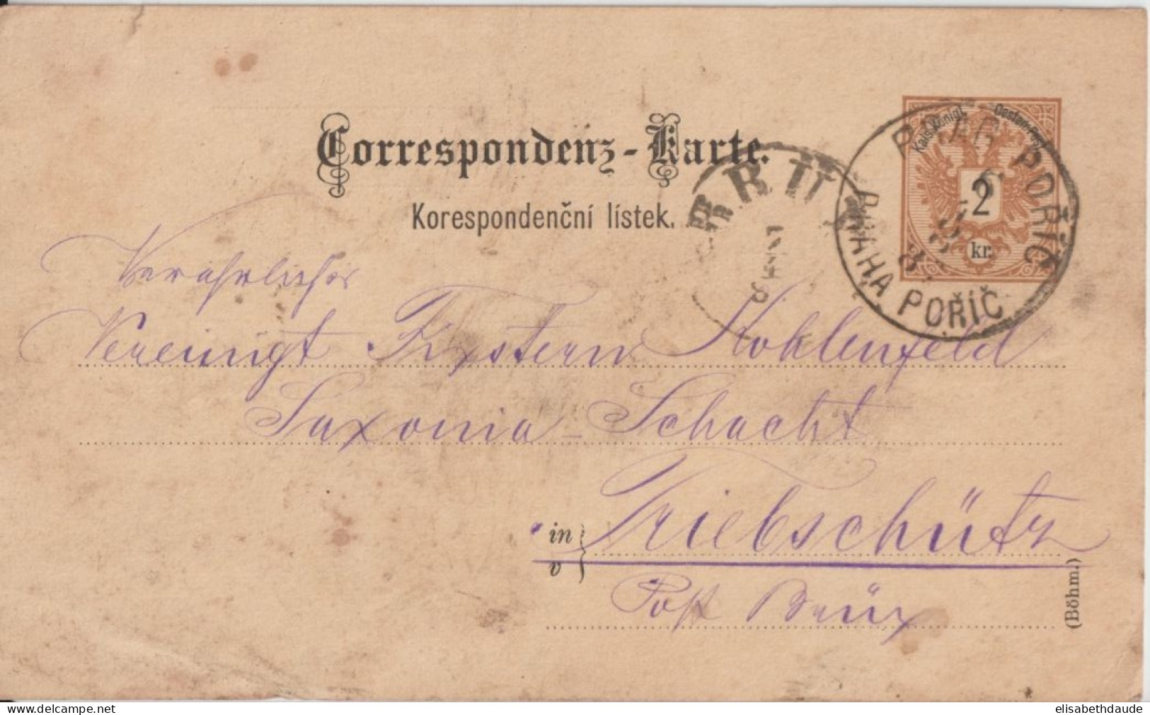 1887 - BOHEME - CP ENTIER Avec REPIQUAGE PRIVE WALDEK & WAGNER ! De PRAG => BRÜX - Postcards