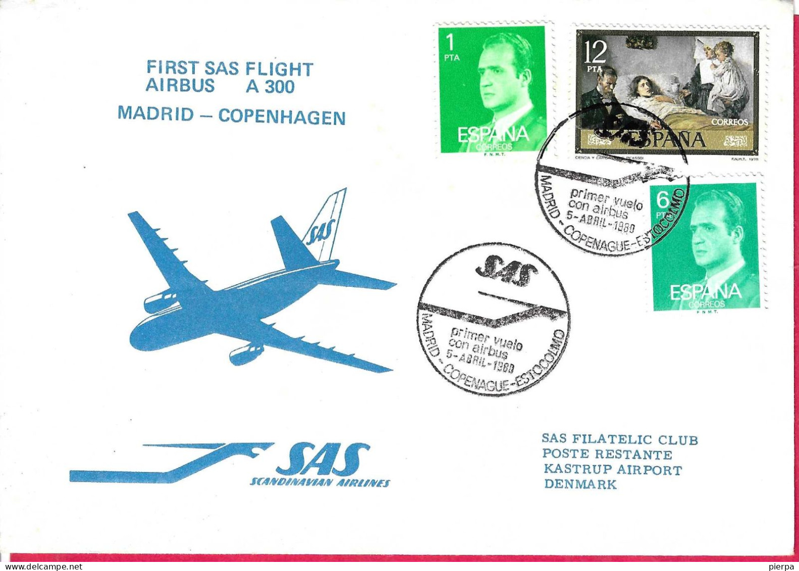 DANMARK - FIRST SAS FLIGHT A300 DA MADRID A KOPENHAGEN * 5.4.1980* SU BUSTA UFFICIALE GRANDE - Aéreo