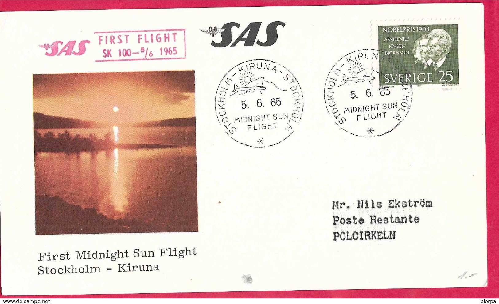 SVERIGE - FIRST MIDNIGHT SUN FLIGHT STOCKHOLM/KIRUNA/STOCKHOLM *5.6.65* ON OFFICIAL COVER - Storia Postale