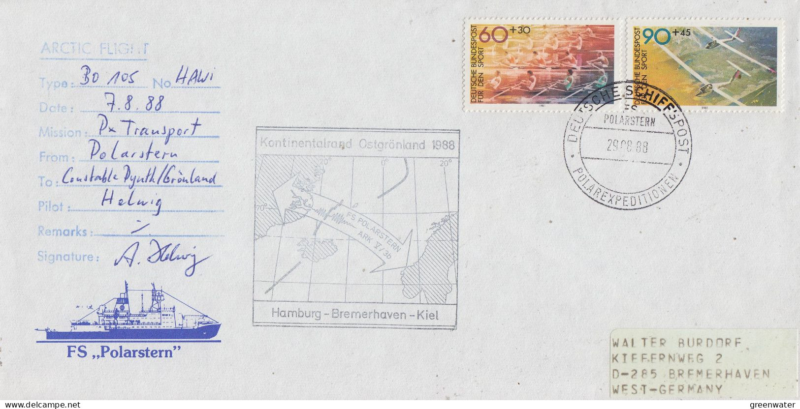 Germany Heli Flight From Polarstern To Constable Dynth (px Transporrt) 7.8.1988 (AR151) - Polar Flights