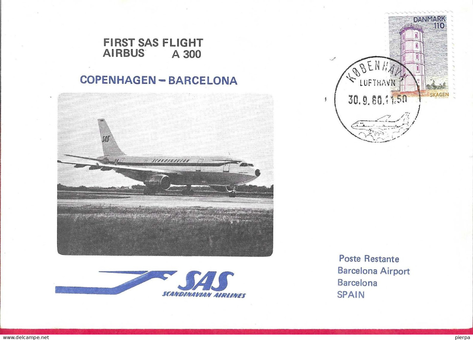 DANMARK - FIRST SAS FLIGHT A300 FROM KOPENHAGEN TO BARCELONA* 30.9.1980* SU BUSTA UFF2CIALE GRANDE - Poste Aérienne