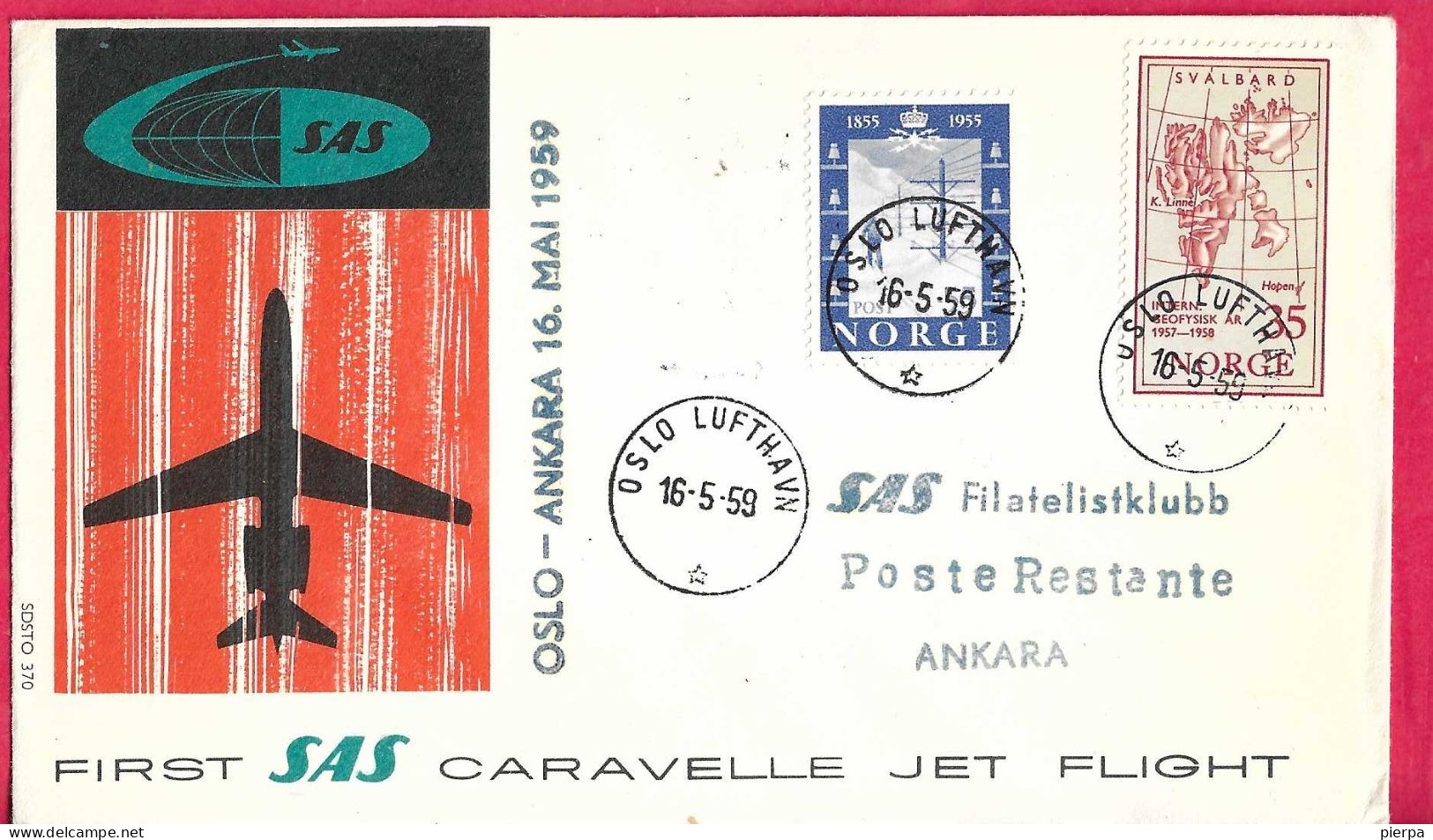 NORGE - FIRST CARAVELLE FLIGHT SAS FROM STOCKHOLM TO ANKARA *16.5.59* ON OFFICIAL COVER - Covers & Documents