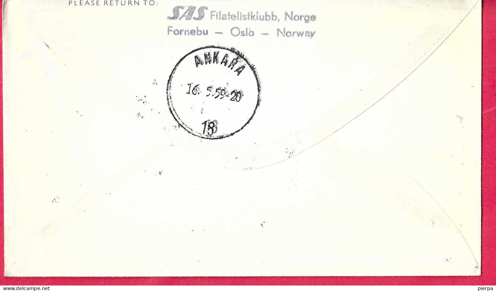 NORGE - FIRST CARAVELLE FLIGHT SAS FROM STOCKHOLM TO ANKARA *16.5.59* ON OFFICIAL COVER - Lettres & Documents