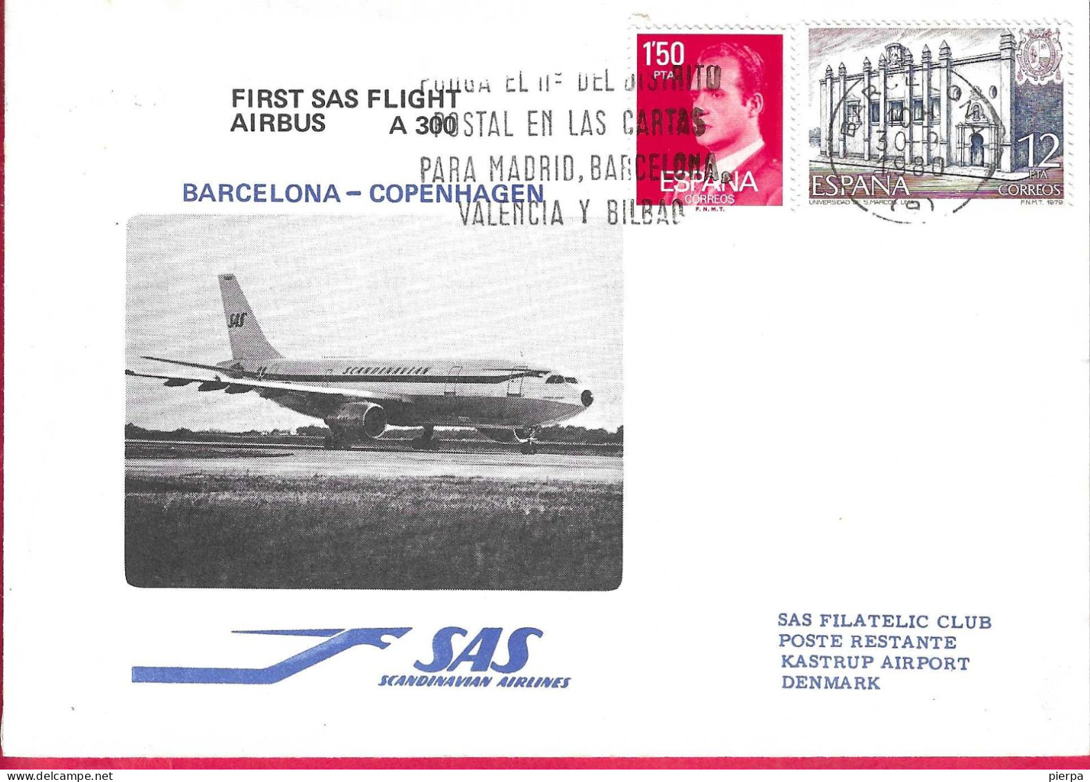 DANMARK - FIRST SAS FLIGHT A300 DA BARCELONA A KOPENHAGEN * 30.9.1980* SU BUSTA UFIICIALE GRANDE - Poste Aérienne