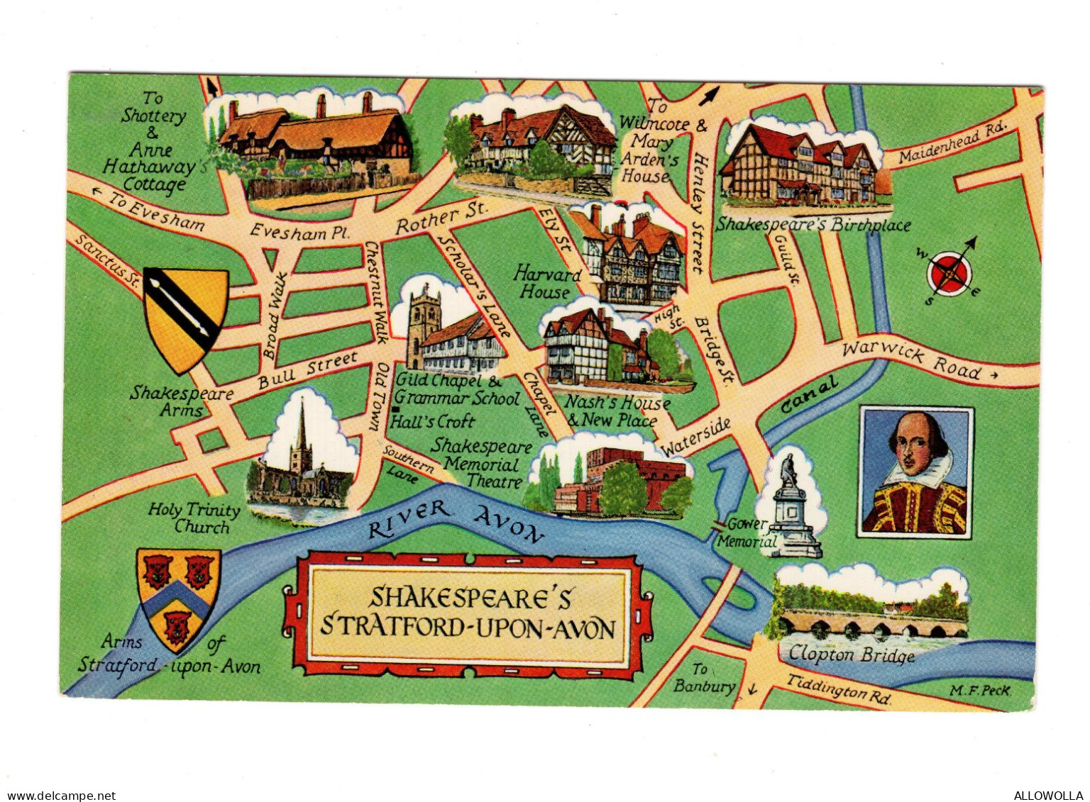 22318 " SHAKESPEARE'S STRATFORD UPON AVON " MAP-VERA FOTO-CART. POST. NON SPED. - Stratford Upon Avon