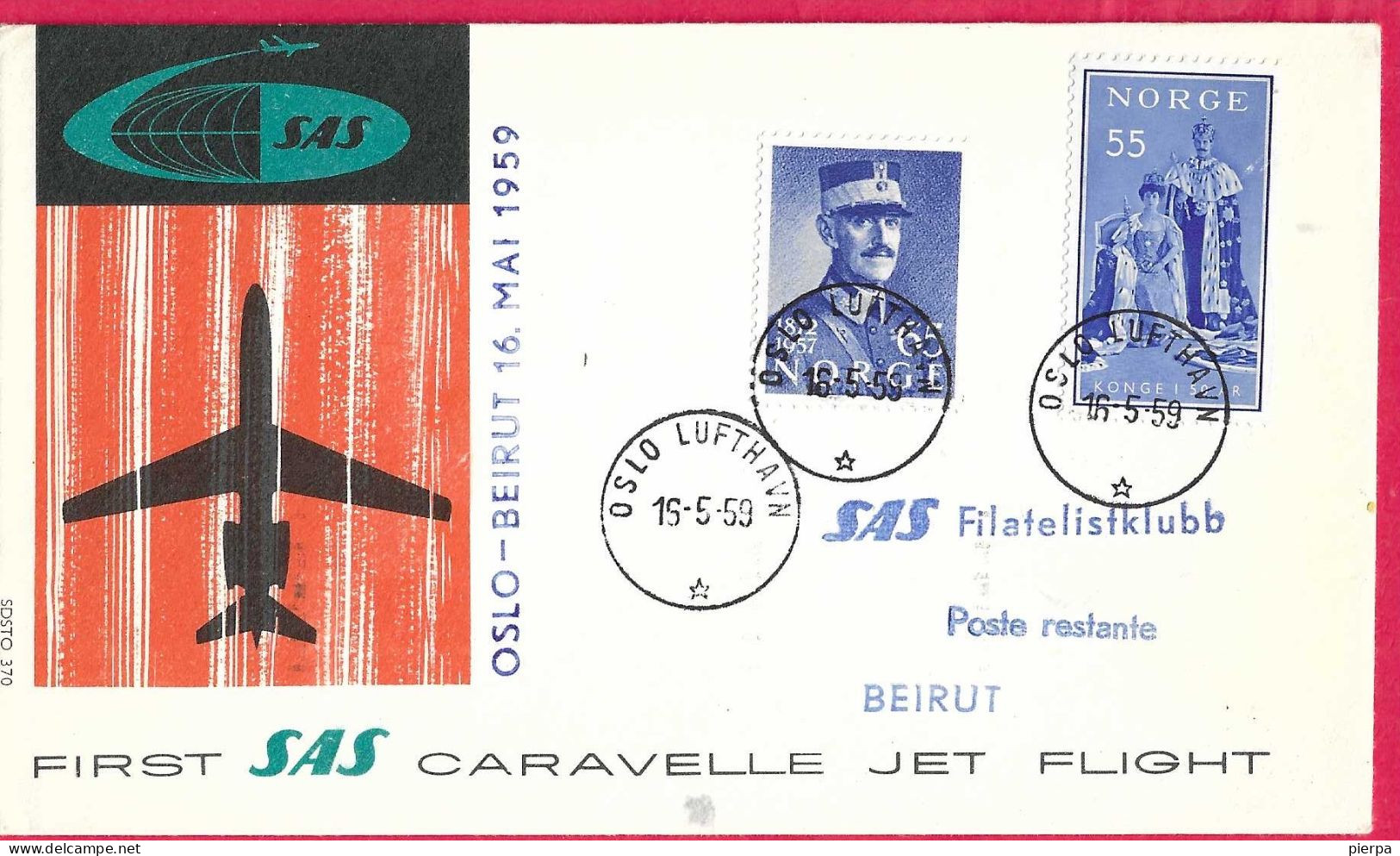 NORGE - FIRST CARAVELLE FLIGHT - SAS - FROM OSLO TO BEIRUT *16.5.59* ON OFFICIAL COVER - Lettres & Documents