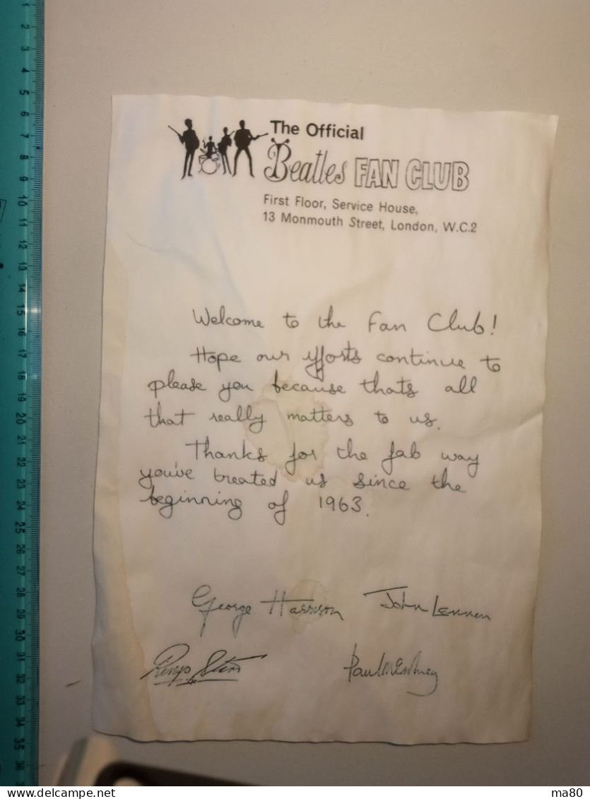 THE BEATLES Lettera Autografi Fan Club Interview REPRO Riproduzione Autografo Documento Musica RECENTE No 7" 33 Giri Lp - Collezioni