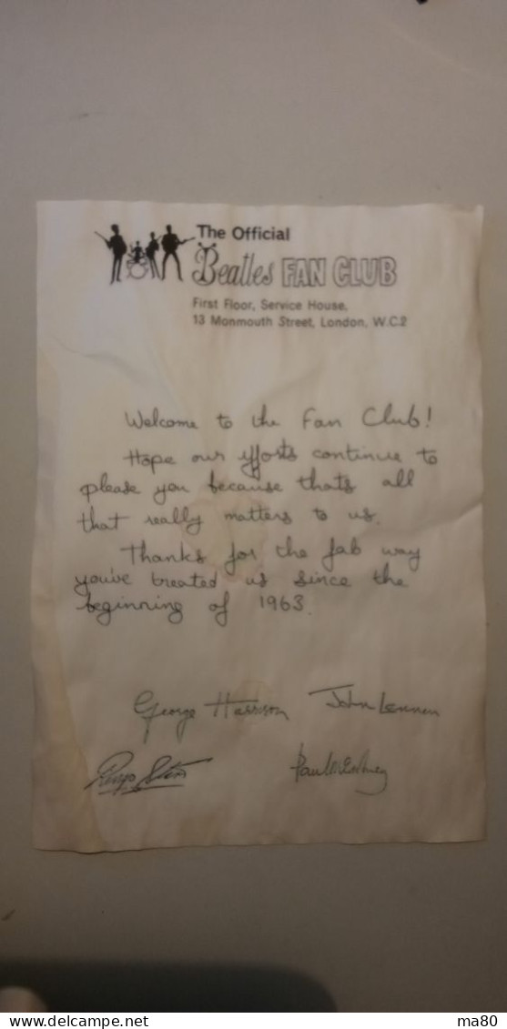 THE BEATLES Lettera Autografi Fan Club Interview REPRO Riproduzione Autografo Documento Musica RECENTE No 7" 33 Giri Lp - Collezioni
