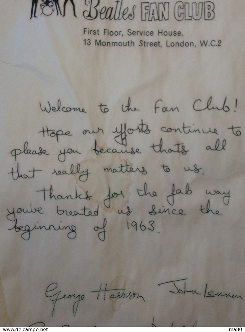 THE BEATLES Lettera Autografi Fan Club Interview REPRO Riproduzione Autografo Documento Musica RECENTE No 7" 33 Giri Lp - Collezioni
