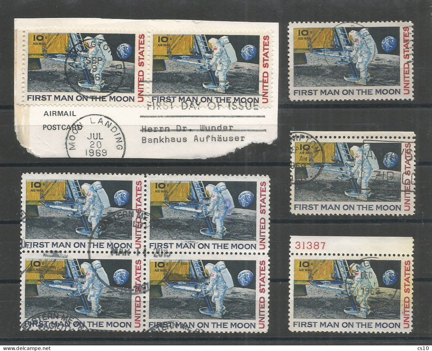 USA Airmail 1969 Moon Landing C76 - Single + Margin + Plate# + BL4 + Part Official CV Space Trip - 3a. 1961-… Gebraucht