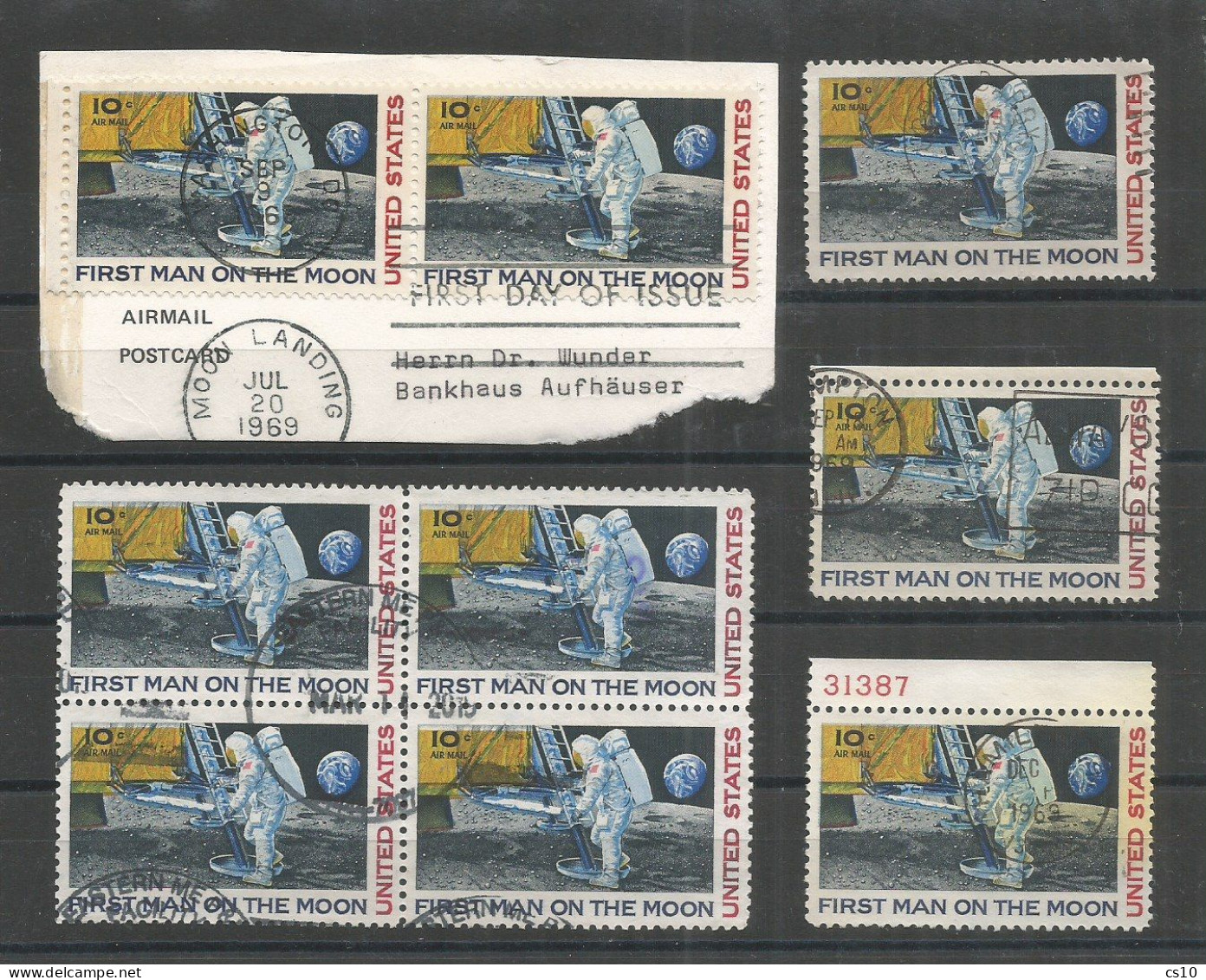 USA Airmail 1969 Moon Landing C76 - Single + Margin + Plate# + BL4 + Part Official CV Space Trip - Plate Blocks & Sheetlets