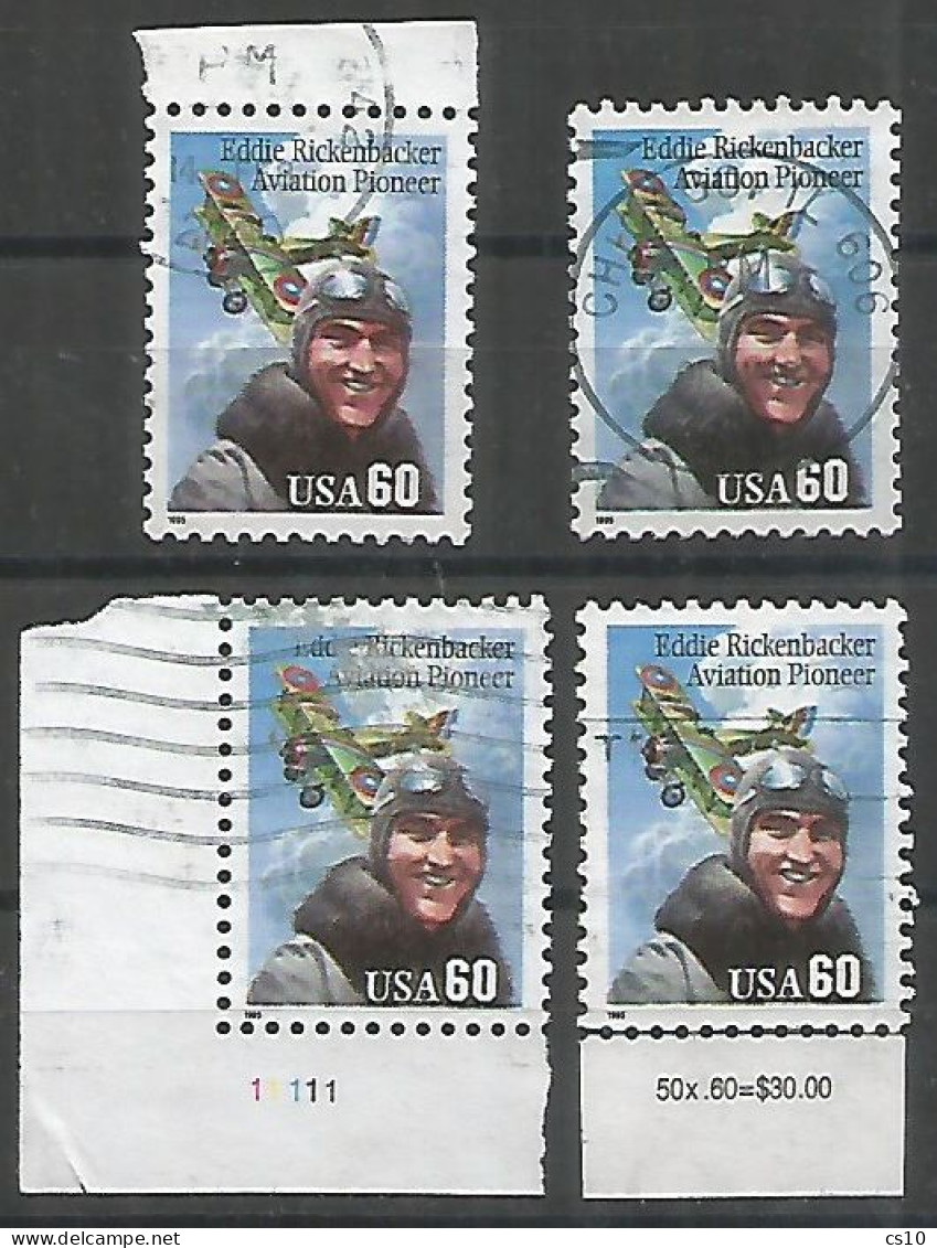 USA 1995 Rickenbacker Aviation Pioneer SC:#2998 Small Date 4 Used Pcs : VFU, Margin, Tab Value & Plate # Corner - Plate Blocks & Sheetlets