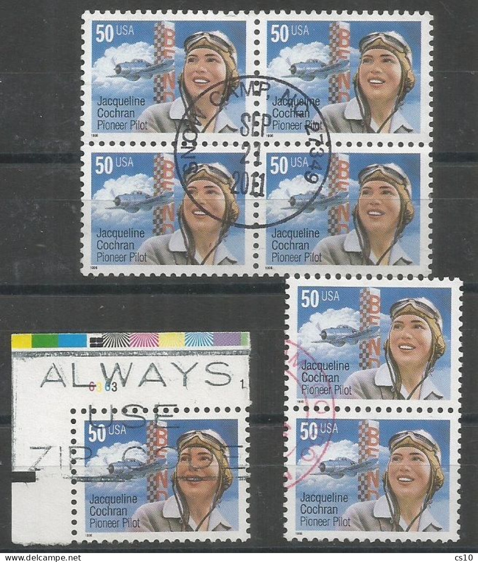 USA 1996 Jacqueline Cochran Aviation Pilot SC:#3066 Used VFU Pair & Block4 + Plate Number Corner - 3a. 1961-… Usati