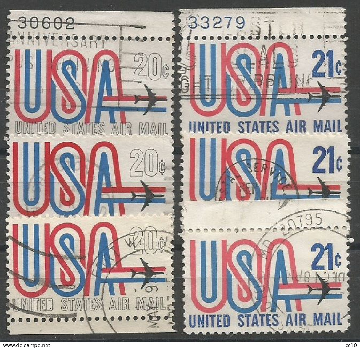 USA Ribbon Airmail 1968/73 SC.# C75+C81 . #2 With Plate  Number + # VFU Circular PMk + #2 Sheet Margin - 3a. 1961-… Gebraucht