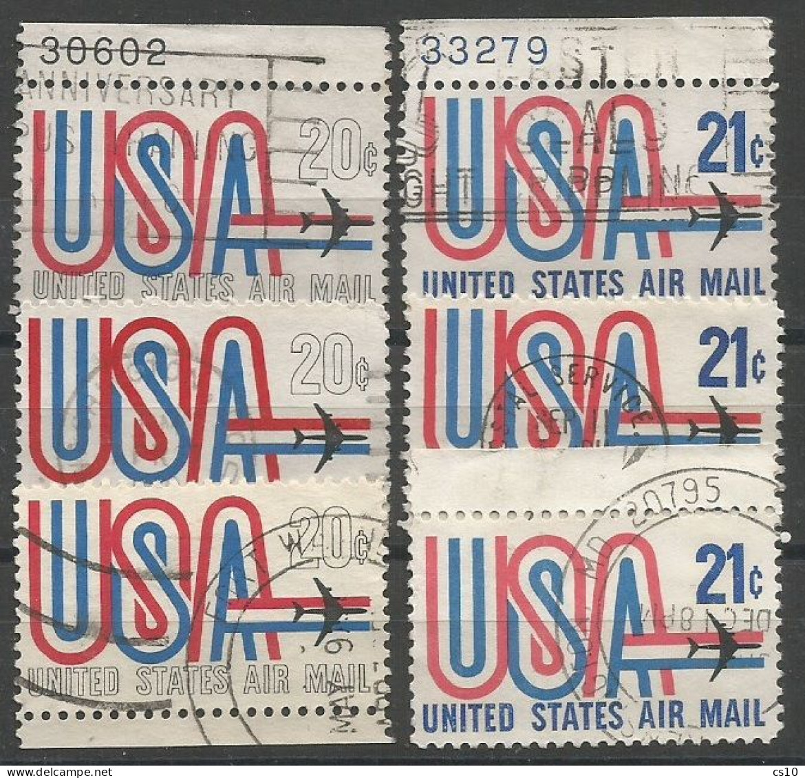 USA Ribbon Airmail 1968/73 SC.# C75+C81 . #2 With Plate  Number + # VFU Circular PMk + #2 Sheet Margin - Plattennummern