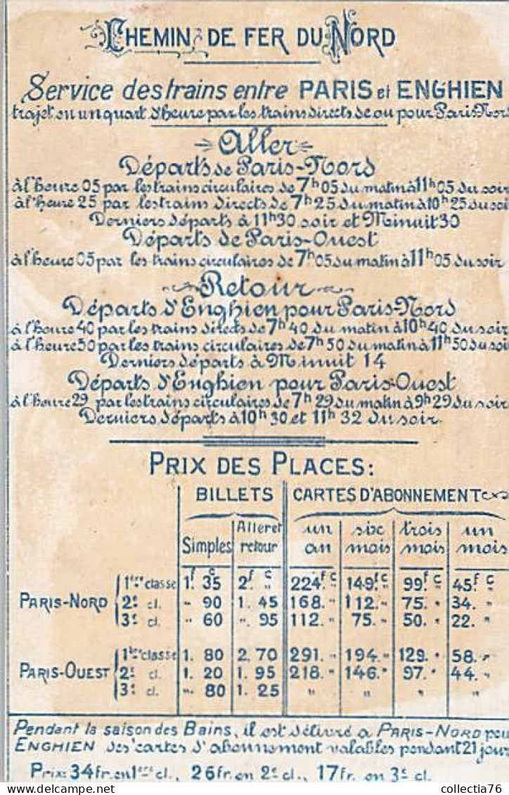 RARE CHROMO CHEMINS DE FER DU NORD HORAIRES LIGNE PARIS NORD ENGHIEN LES BAINS  CIRCA 1890 11 X 7 CM - Europe